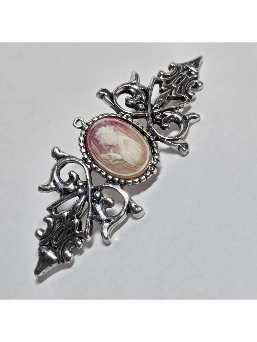 Vintage Style Cameo Brooch Silver Tone Ornate Lady Holding Flower Pin EUC